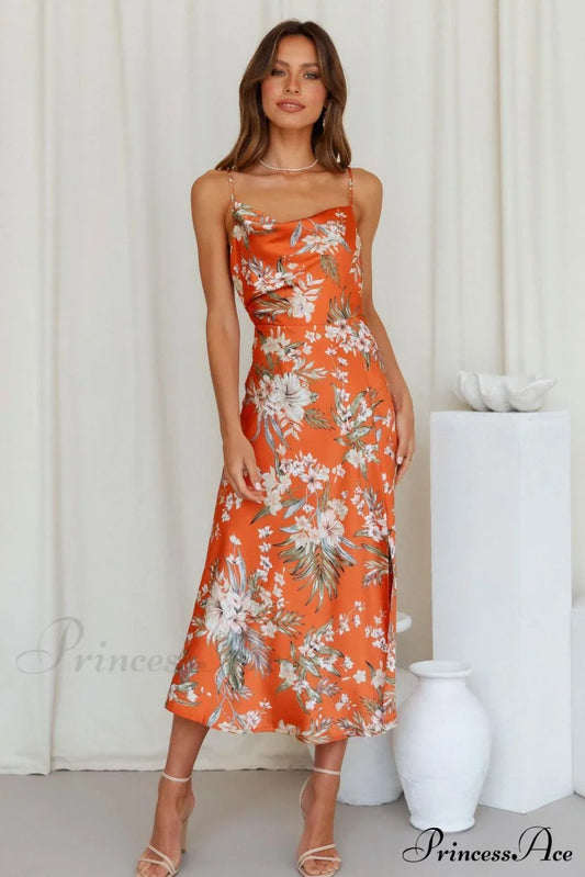 Satin Floral Print Cowl Neck Cami Dress with Slit