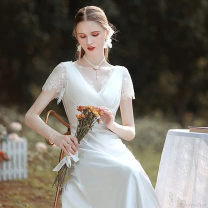 Satin V-Neck Lace Wedding Dress