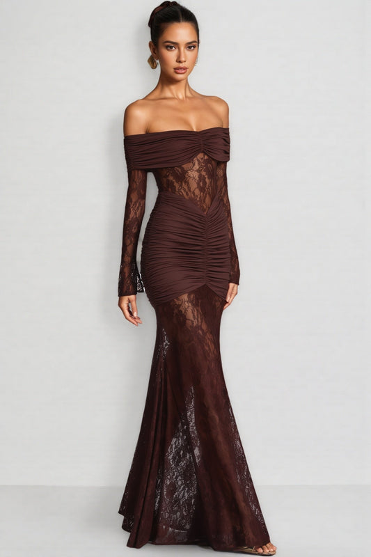 Velally Brown Lace Cut-Out Fishtail Maxi Dress