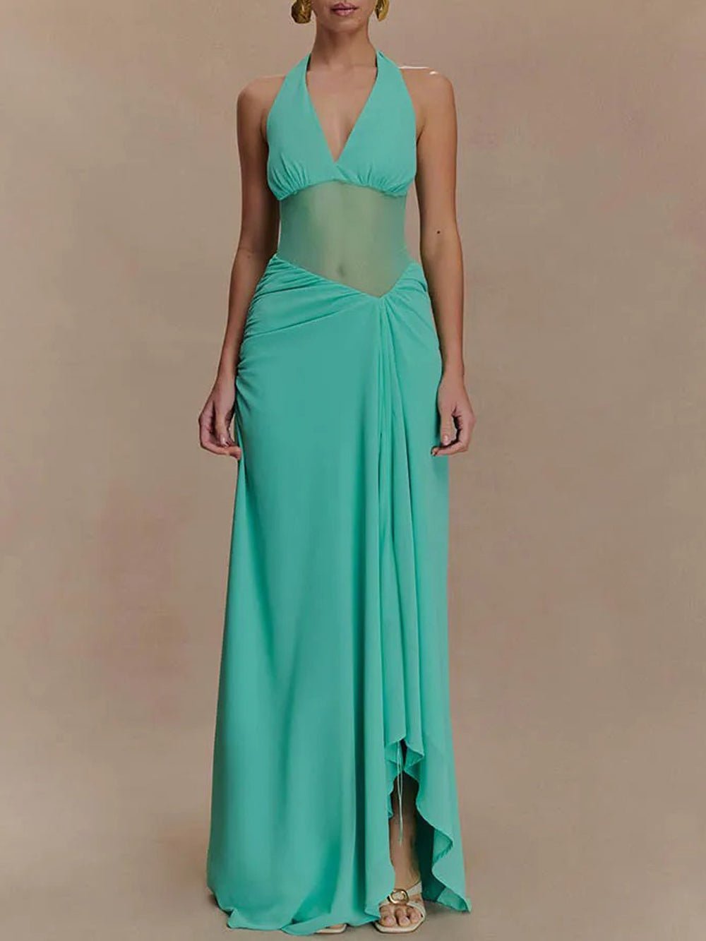 Halter Deep V-Neck Mesh Waist Cutout Ruched Drape Maxi Dress