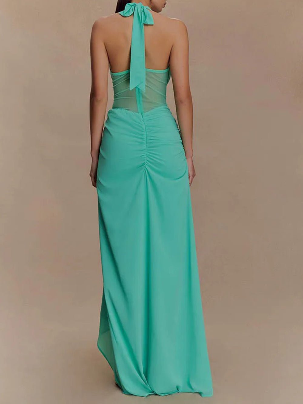 Halter Deep V-Neck Mesh Waist Cutout Ruched Drape Maxi Dress