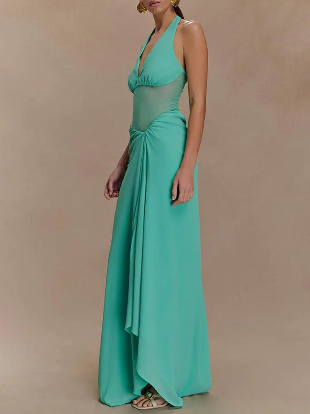 Halter Deep V-Neck Mesh Waist Cutout Ruched Drape Maxi Dress