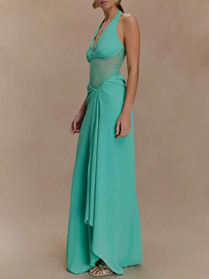 Halter Deep V-Neck Mesh Waist Cutout Ruched Drape Maxi Dress