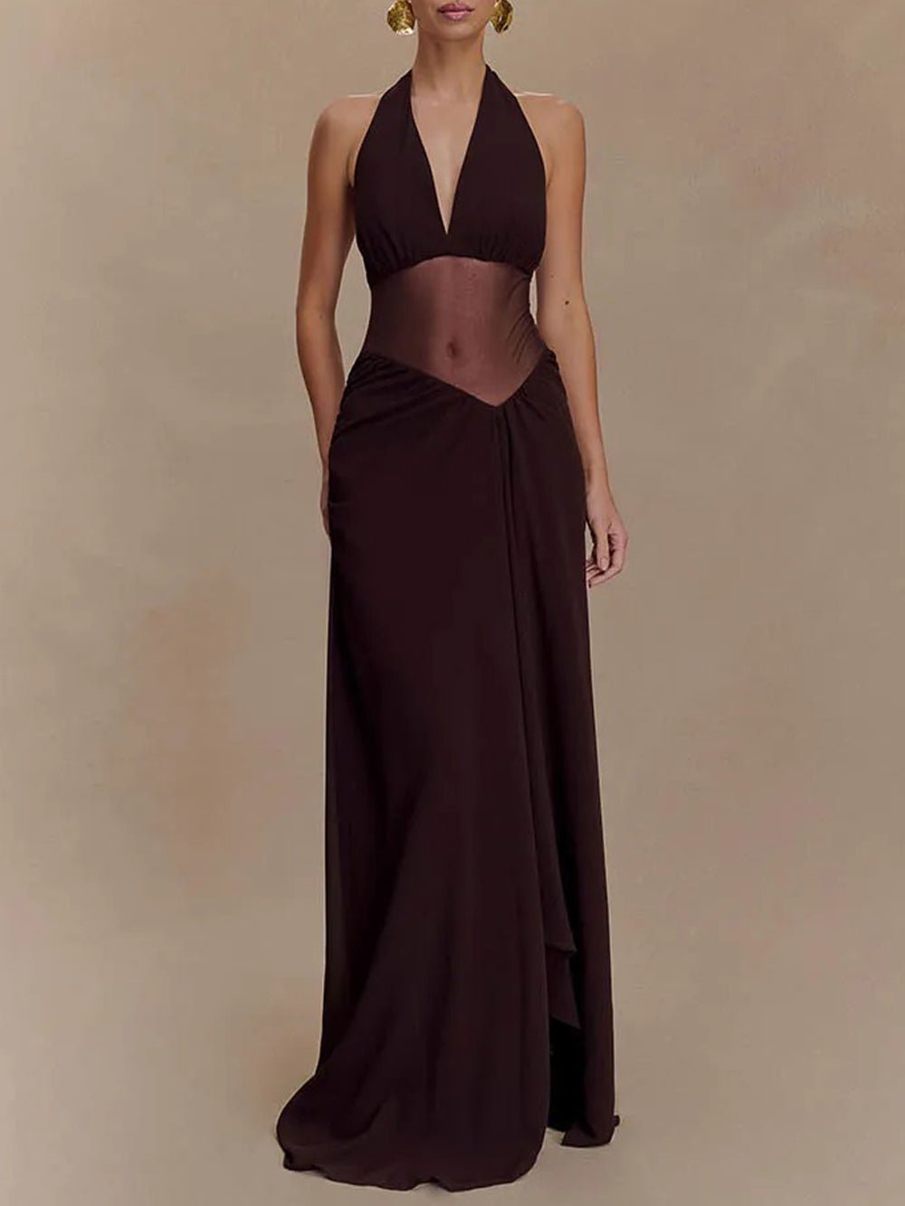 Halter Deep V-Neck Mesh Waist Cutout Ruched Drape Maxi Dress