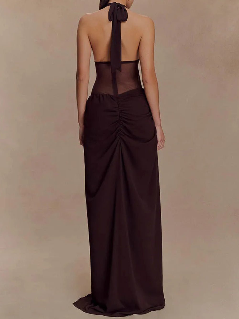 Halter Deep V-Neck Mesh Waist Cutout Ruched Drape Maxi Dress