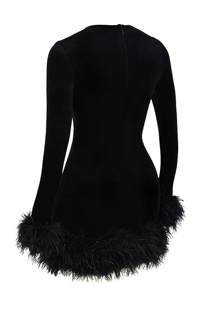 Velvet Long Sleeve Feather Trim Bodycon Mini Cocktail Dress