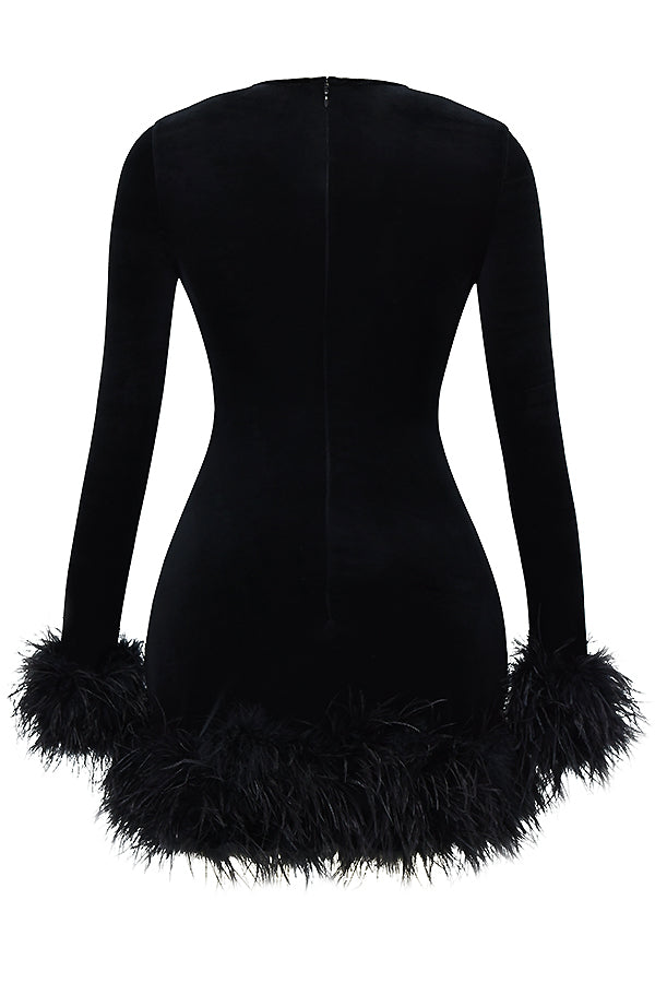 Velvet Long Sleeve Feather Trim Bodycon Mini Cocktail Dress