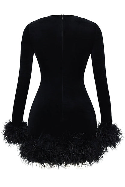 Velvet Long Sleeve Feather Trim Bodycon Mini Cocktail Dress