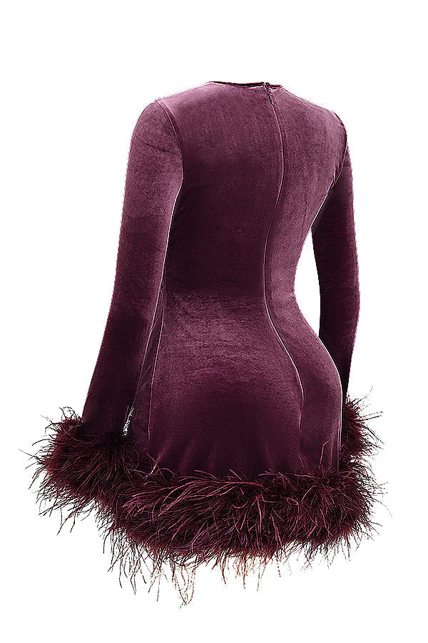Velvet Long Sleeve Feather Trim Bodycon Mini Cocktail Dress