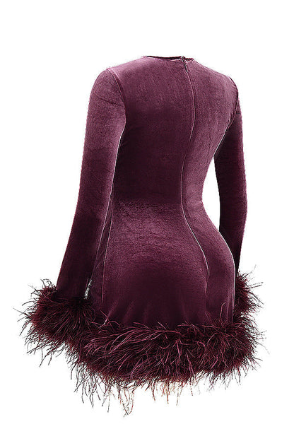 Velvet Long Sleeve Feather Trim Bodycon Mini Cocktail Dress
