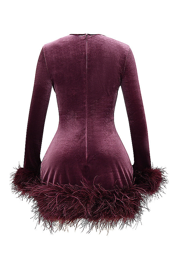 Velvet Long Sleeve Feather Trim Bodycon Mini Cocktail Dress