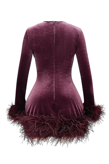 Velvet Long Sleeve Feather Trim Bodycon Mini Cocktail Dress