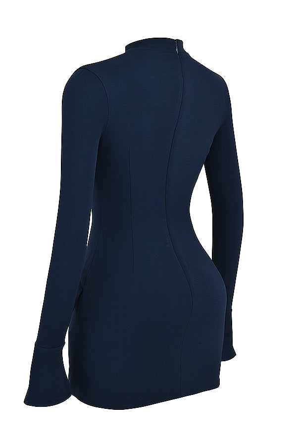 Mock Neck Flared Cuff Long Sleeve Flap Pocket Structured Bodycon Mini Dress