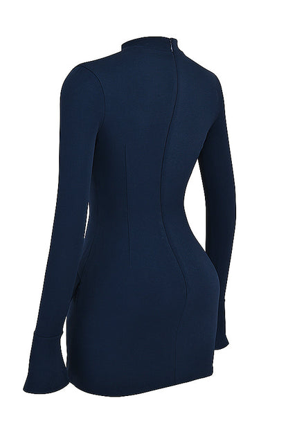 Mock Neck Flared Cuff Long Sleeve Flap Pocket Structured Bodycon Mini Dress