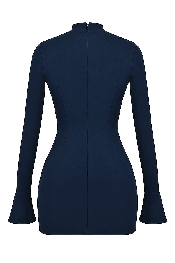 Mock Neck Flared Cuff Long Sleeve Flap Pocket Structured Bodycon Mini Dress