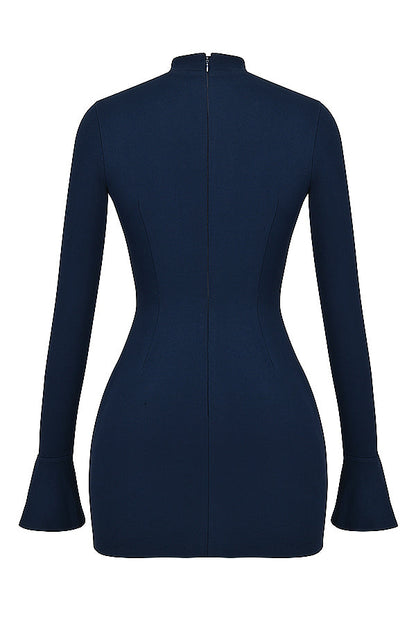 Mock Neck Flared Cuff Long Sleeve Flap Pocket Structured Bodycon Mini Dress