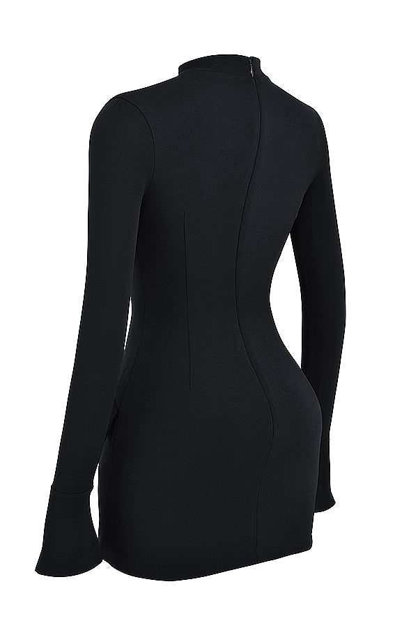 Mock Neck Long Sleeve Flap Pocket Structured Mini Dress