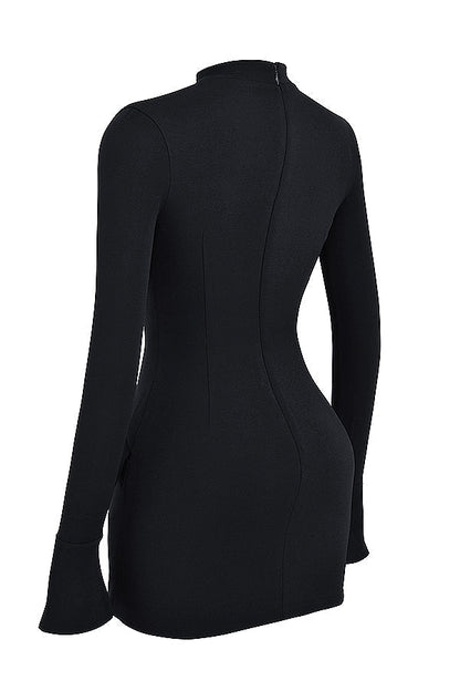 Mock Neck Long Sleeve Flap Pocket Structured Mini Dress
