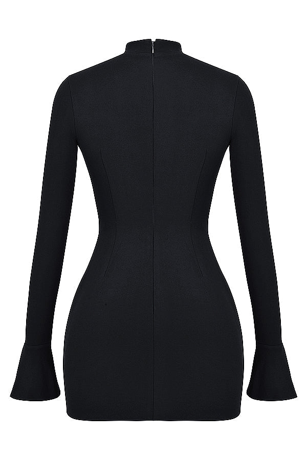 Mock Neck Long Sleeve Flap Pocket Structured Mini Dress