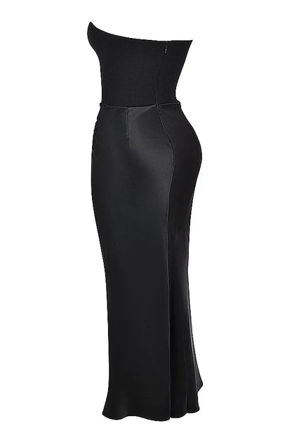 Strapless Corset Bustier Draped Ruched Waist Satin Column Maxi Gown