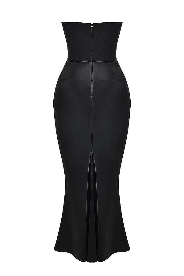 Strapless Corset Bustier Draped Ruched Waist Satin Column Maxi Gown