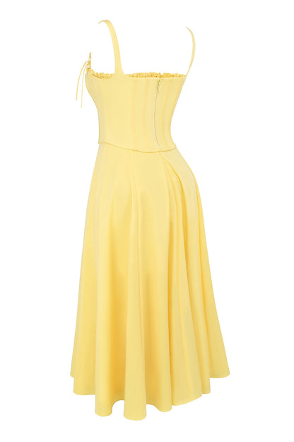 Corset Bodice Tie Strap Ruffle Trim High Slit Midi Dress