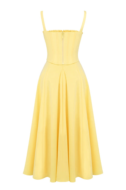 Corset Bodice Tie Strap Ruffle Trim High Slit Midi Dress