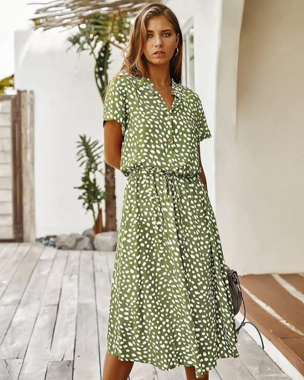 Dalmatian Spot Print Button-Front V-Neck Short Sleeve Tie-Waist A-Line Midi Dress