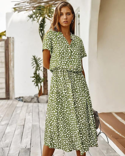 Dalmatian Spot Print Button-Front V-Neck Short Sleeve Tie-Waist A-Line Midi Dress