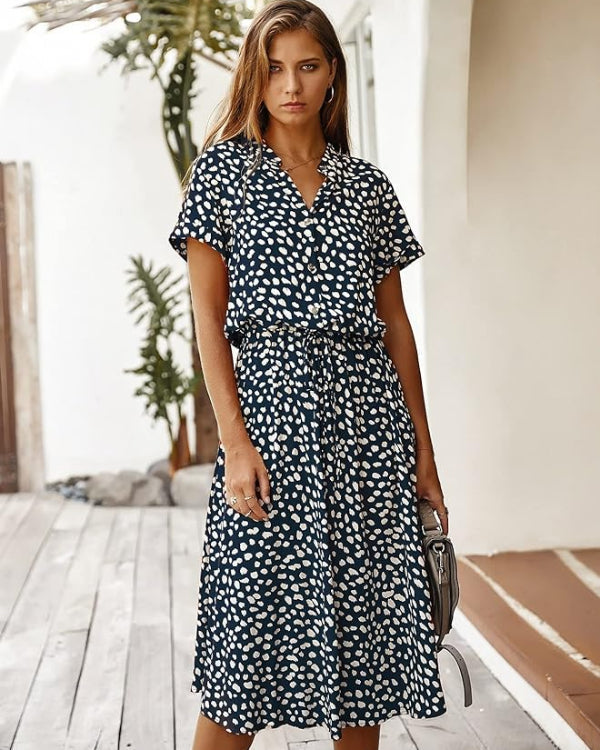 Dalmatian Spot Print Button-Front V-Neck Short Sleeve Tie-Waist A-Line Midi Dress