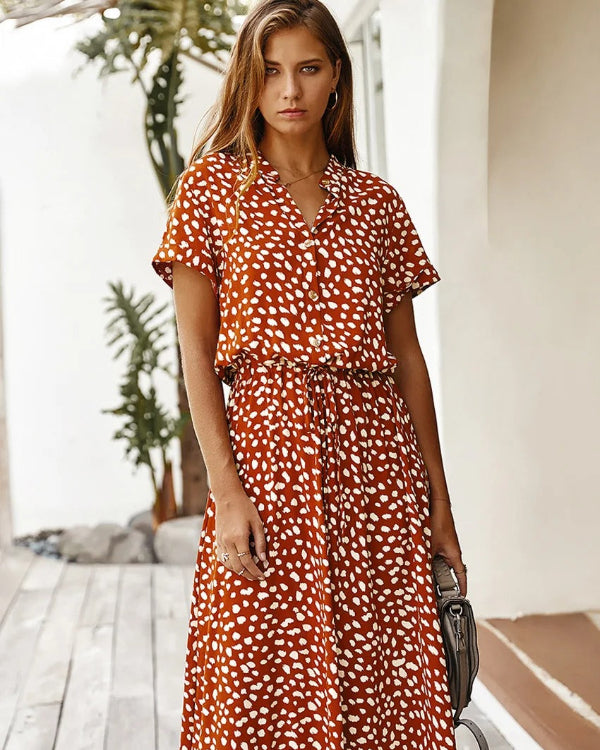 Dalmatian Spot Print Button-Front V-Neck Short Sleeve Tie-Waist A-Line Midi Dress