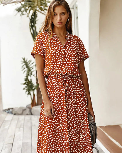 Dalmatian Spot Print Button-Front V-Neck Short Sleeve Tie-Waist A-Line Midi Dress