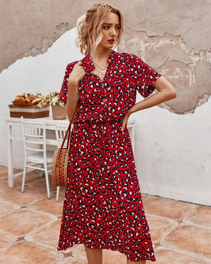 Dalmatian Spot Print Button-Front V-Neck Short Sleeve Tie-Waist A-Line Midi Dress