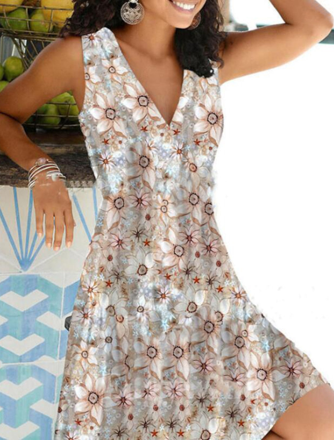Large Floral Print Deep V-Neck Sleeveless A-Line Summer Midi Dress
