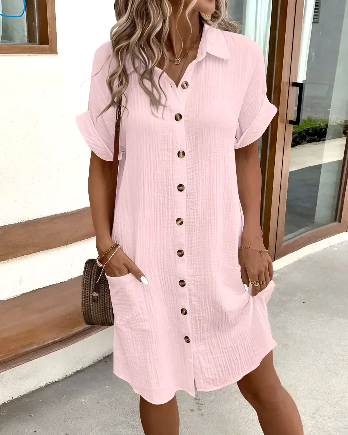 Crinkled Gauze Button-Down Collar Patch Pocket Mini Shirt Dress