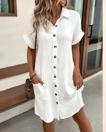 Crinkled Gauze Button-Down Collar Patch Pocket Mini Shirt Dress