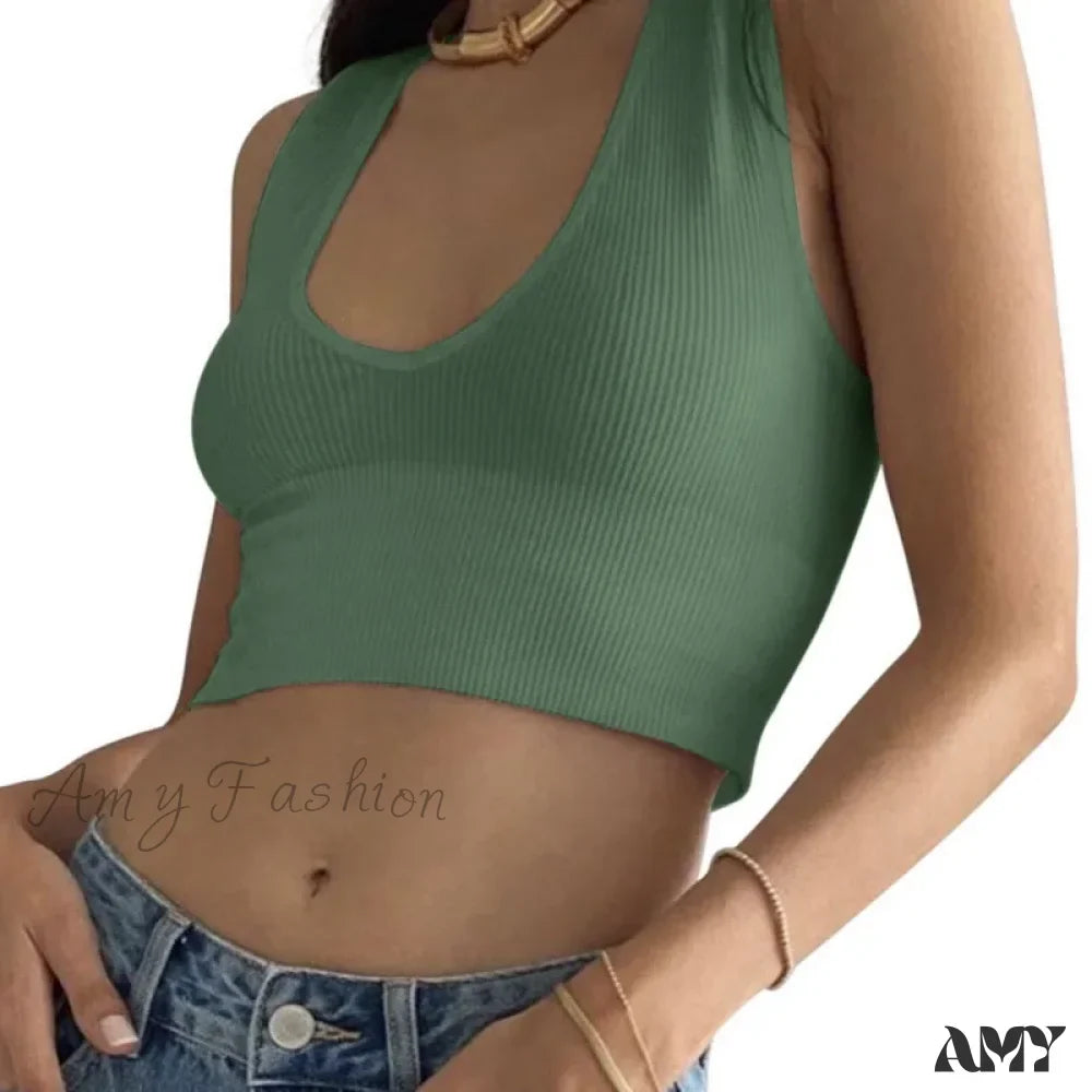 Seamless Rib Plunge Scoop Neck U Back Sports Bra Crop Top
