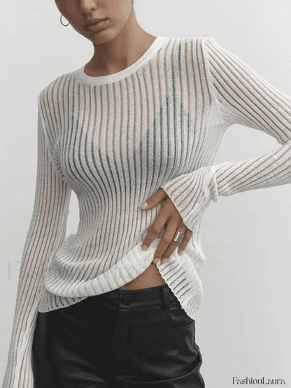 See Through Long Sleeve Ribbed Knit Top