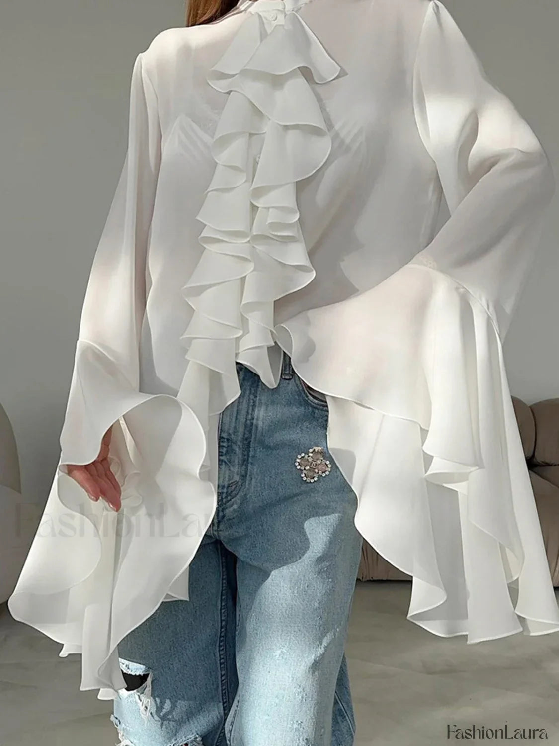 Semi-sheer Chiffon Graceful Ruffled Trim Blouse