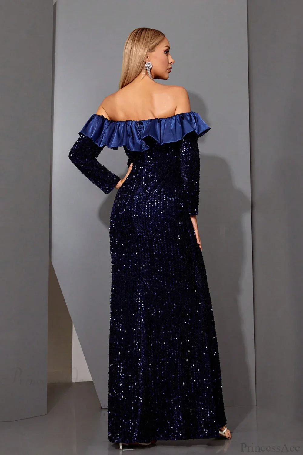 Sequin Off-the-Shoulder Long Sleeve Fitted Mermaid Evening Dress