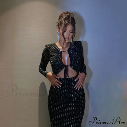 Sequined Hollow Long-sleeved Body-hugging Party-ready Clubwear Sensual Midi Dress