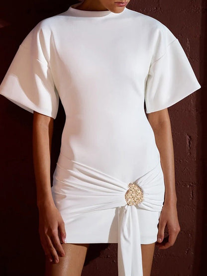 Mock Neck Flutter Sleeve Ruched Hip Brooch Detail Bodycon Mini Dress