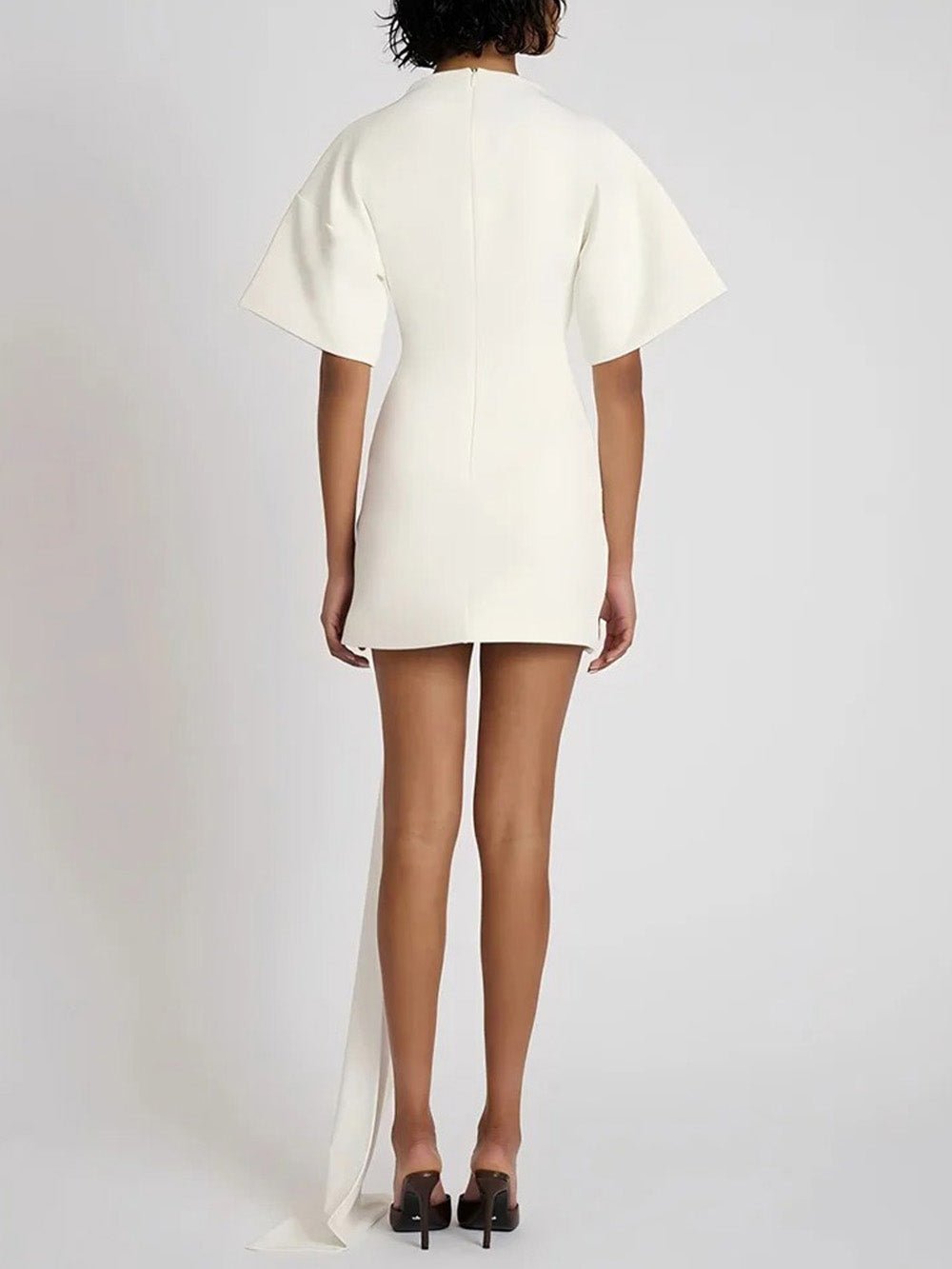 Mock Neck Flutter Sleeve Ruched Hip Brooch Detail Bodycon Mini Dress