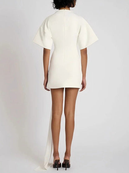 Mock Neck Flutter Sleeve Ruched Hip Brooch Detail Bodycon Mini Dress