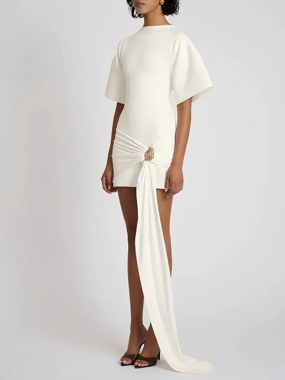 Mock Neck Flutter Sleeve Ruched Hip Brooch Detail Bodycon Mini Dress