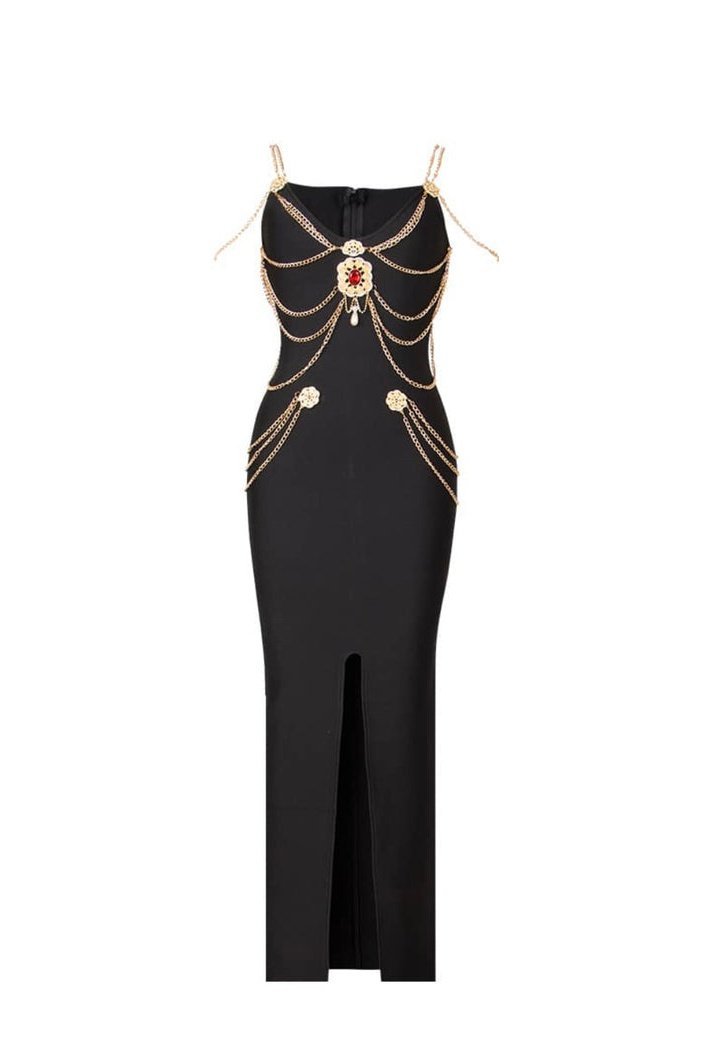 Metal Chain Medallion Embellished Scoop Neck Spaghetti Strap Bodycon Midi Dress
