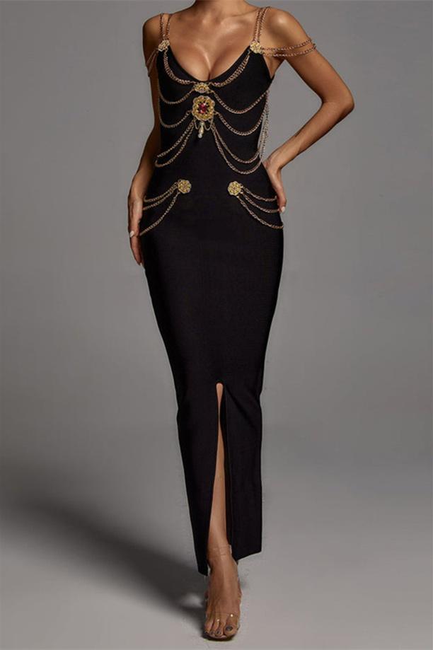 Metal Chain Medallion Embellished Scoop Neck Spaghetti Strap Bodycon Midi Dress