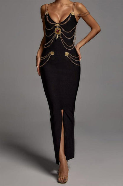 Metal Chain Medallion Embellished Scoop Neck Spaghetti Strap Bodycon Midi Dress