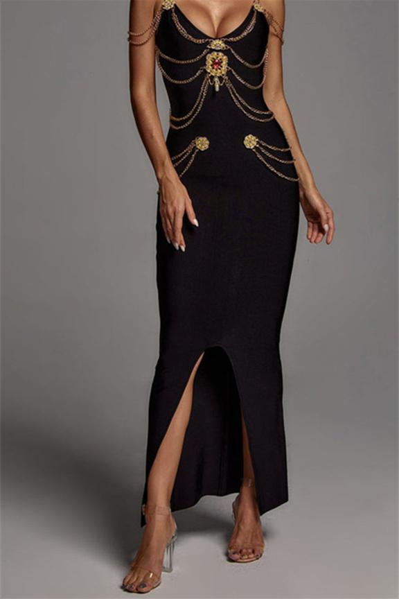 Metal Chain Medallion Embellished Scoop Neck Spaghetti Strap Bodycon Midi Dress