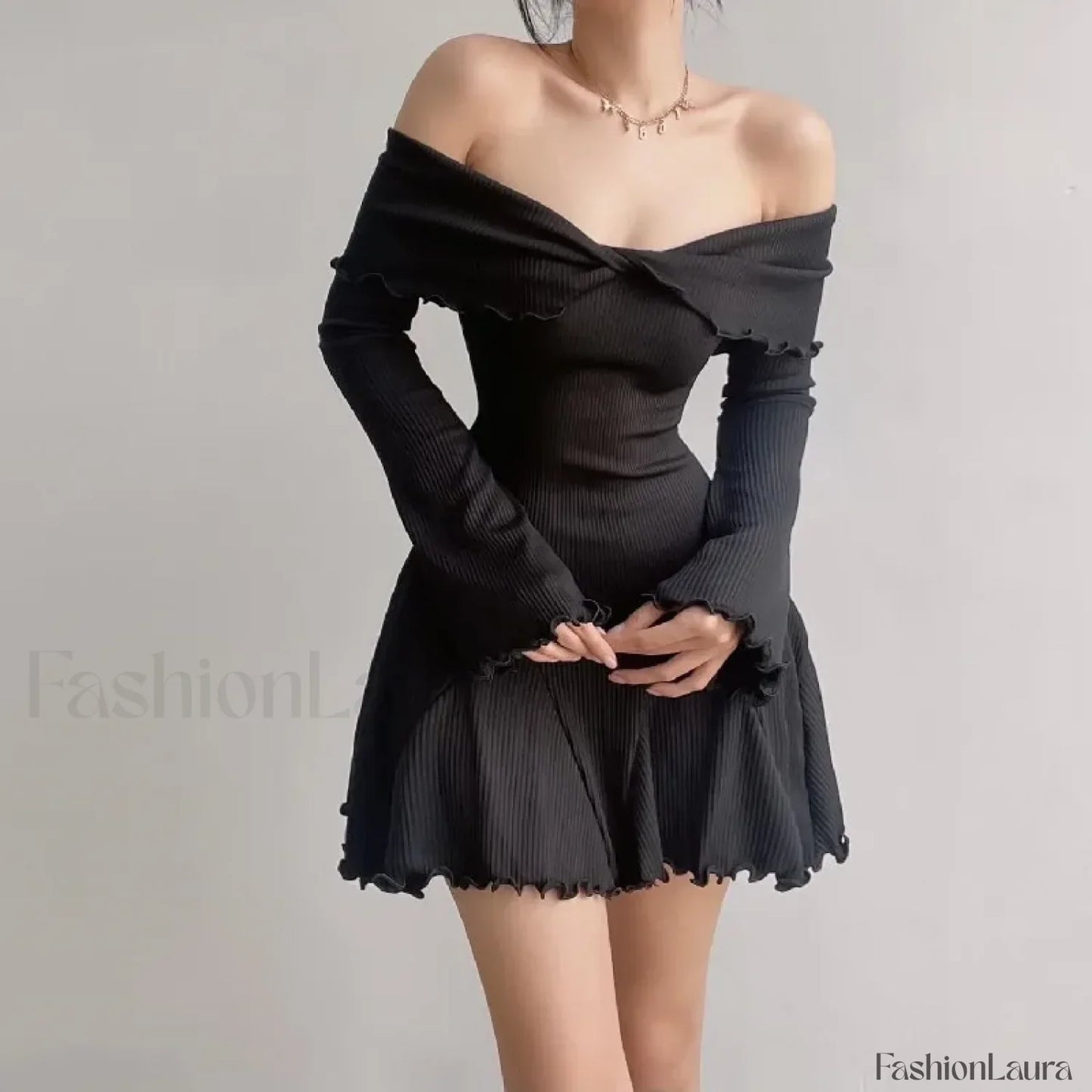Sexy Black Autumn Strapless Off Shoulder Knitting Mini Club Party A-Line Dress